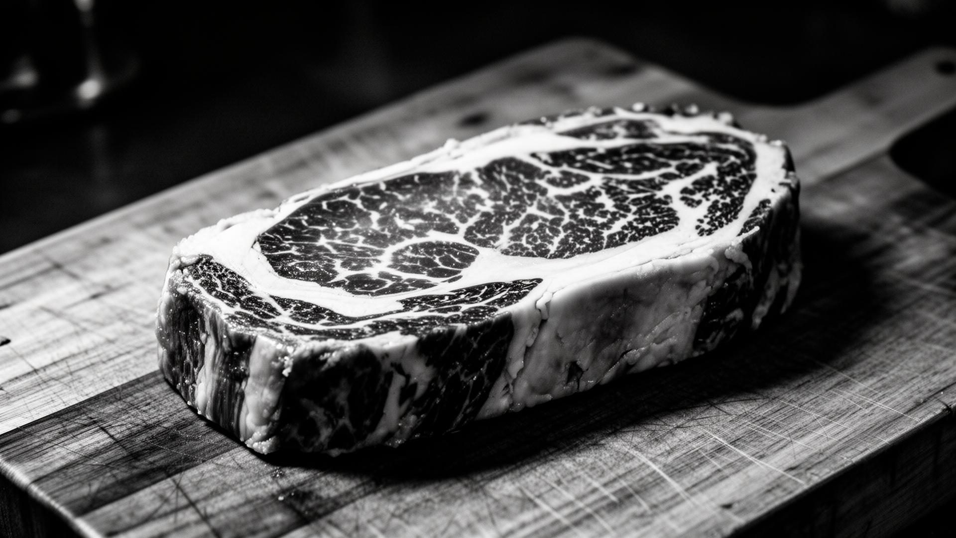 Close-up of a perfectly marbled New York strip steak on a wooden butcher block